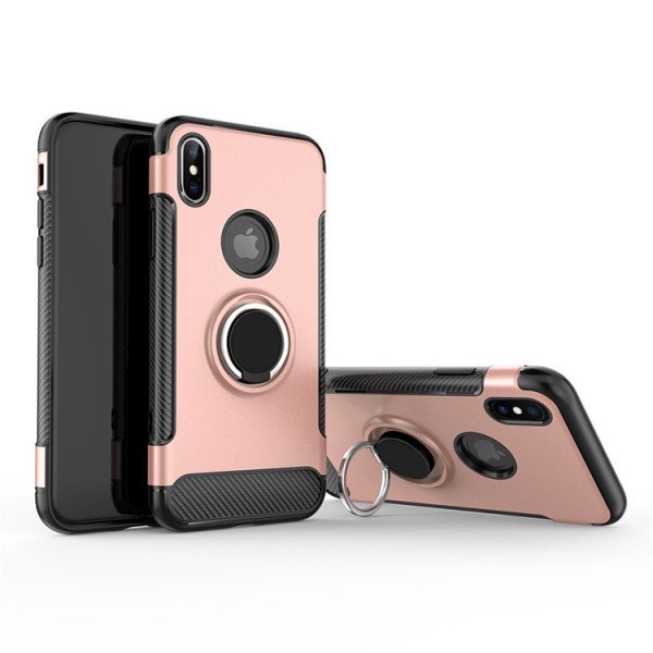 Wholesale iPhone Xs Max 360 Rotating Ring Stand Hybrid Case with Metal Plate (Rose Gold)